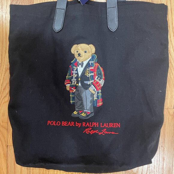 BNWT RALPH LAUREN POLO HOLIDAY BEAR BLACK CANVAS SHOPPER TOTE BAG LEATHER HANDLE - Picture 1 of 5